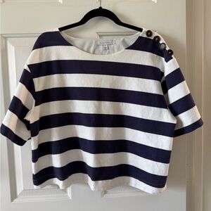 Single thread top, XL, navy/white stripes, short sleeves, boat neck perfect cond